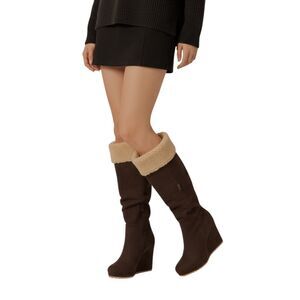 JustFab Cameron Sherpa Wedge Boots Size 7.5 Coffee Tan
